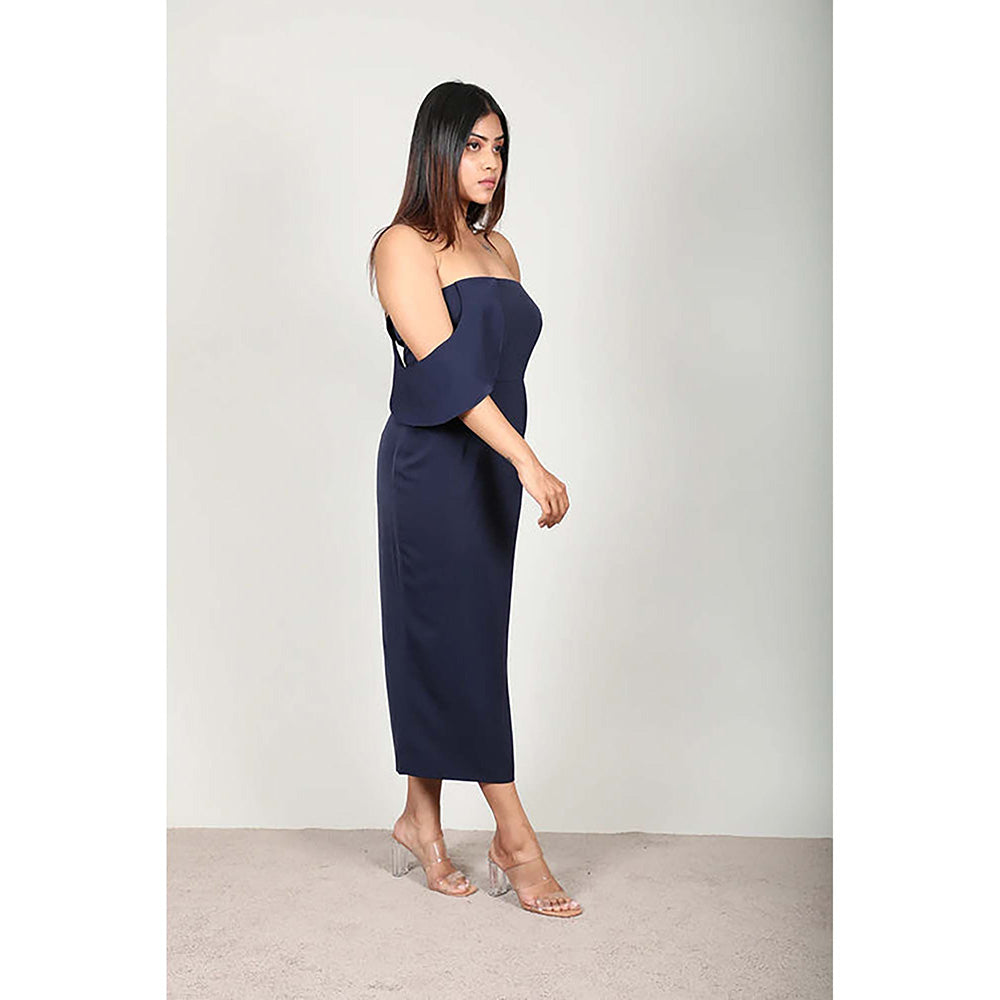 Fawn 24 Navy Blue Polyester Strapless/Tube Solid/Plain Sleeveless Midi Dress