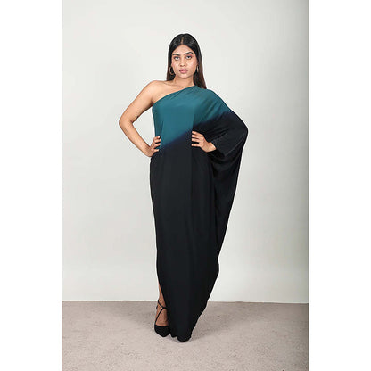 Fawn 24 Green Lycra Asymmetrical Ombre Sleeveless Maxi Dress