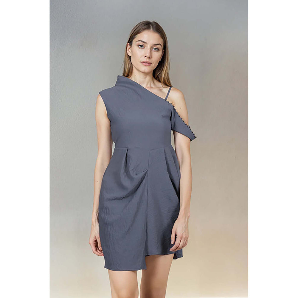 Fawn 24 Grey Crepe Asymmetrical Solid/Plain Sleeveless Mini Dress
