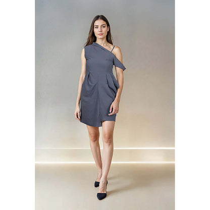Fawn 24 Grey Crepe Asymmetrical Solid/Plain Sleeveless Mini Dress