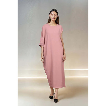 Fawn 24 Pink Crepe Round Neck Solid/Plain Three Fourth Sleeves Midi Dress