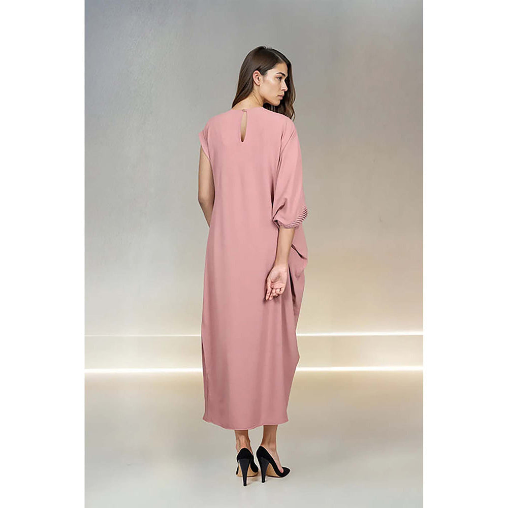 Fawn 24 Pink Crepe Round Neck Solid/Plain Three Fourth Sleeves Midi Dress