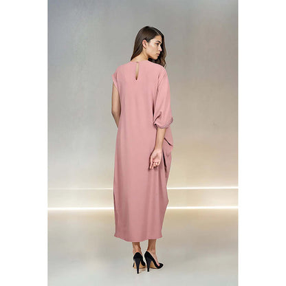 Fawn 24 Pink Crepe Round Neck Solid/Plain Three Fourth Sleeves Midi Dress