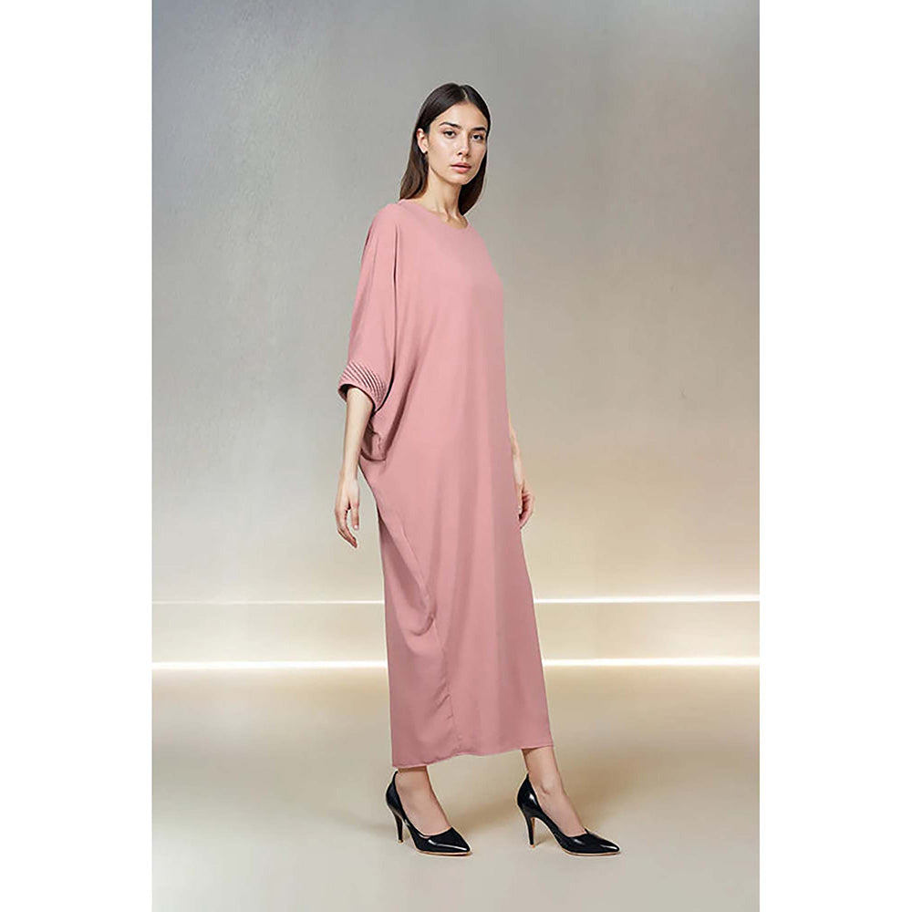 Fawn 24 Pink Crepe Round Neck Solid/Plain Three Fourth Sleeves Midi Dress