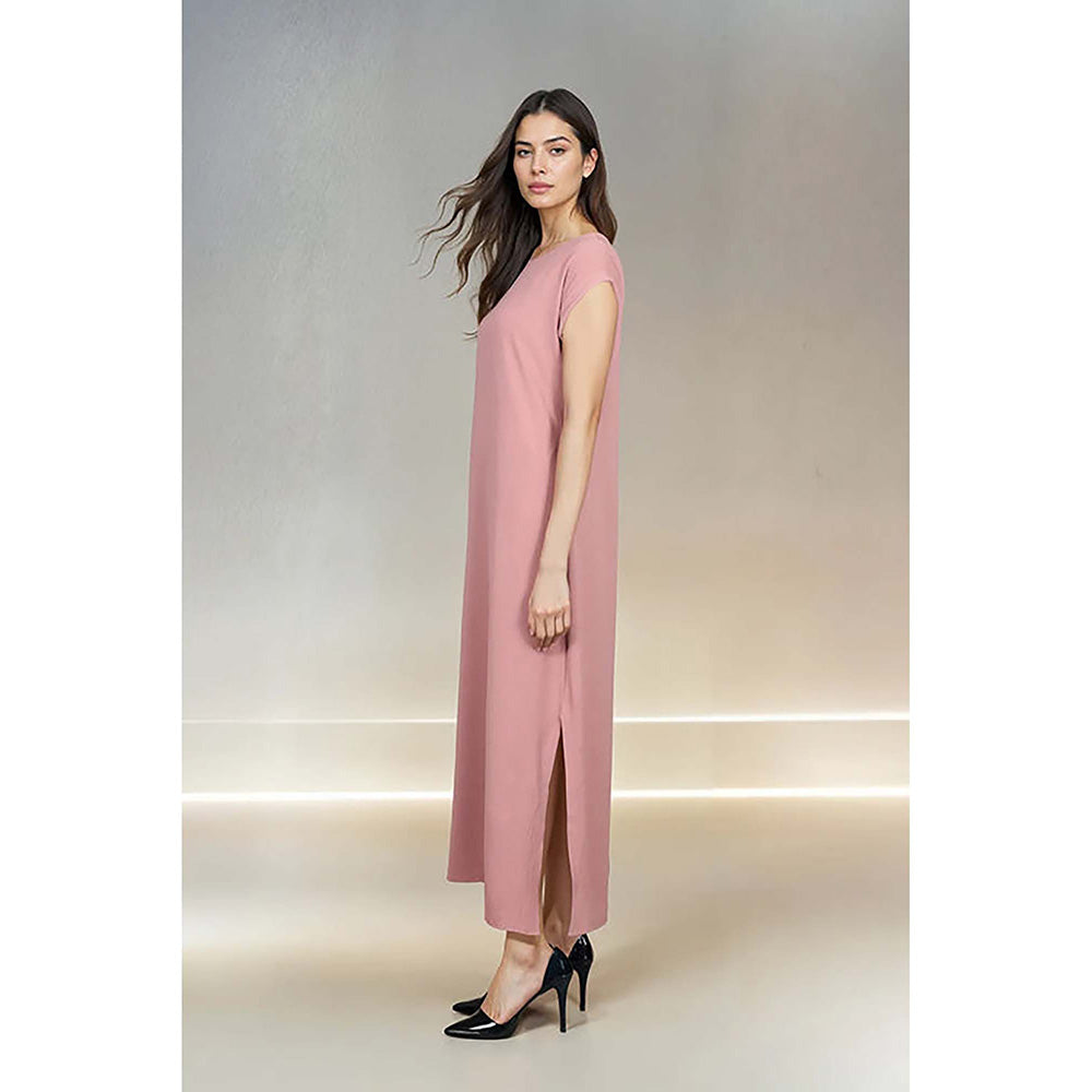 Fawn 24 Pink Crepe Round Neck Solid/Plain Three Fourth Sleeves Midi Dress