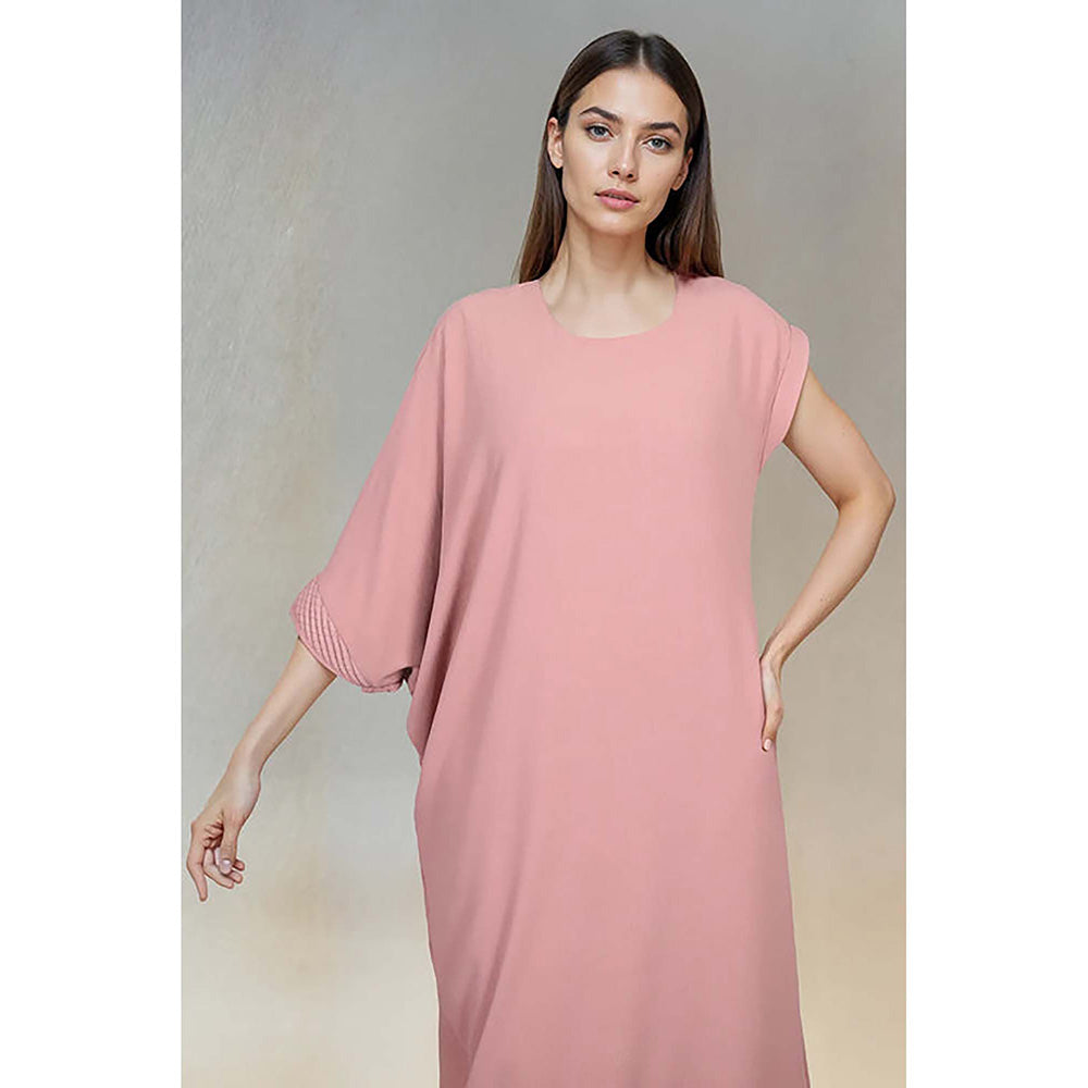 Fawn 24 Pink Crepe Round Neck Solid/Plain Three Fourth Sleeves Midi Dress