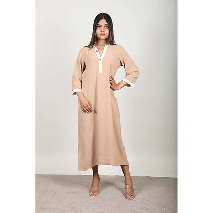 Fawn 24 Beige Crepe Collar Neck Solid/Plain Three Fourth Sleeves Midi Dress