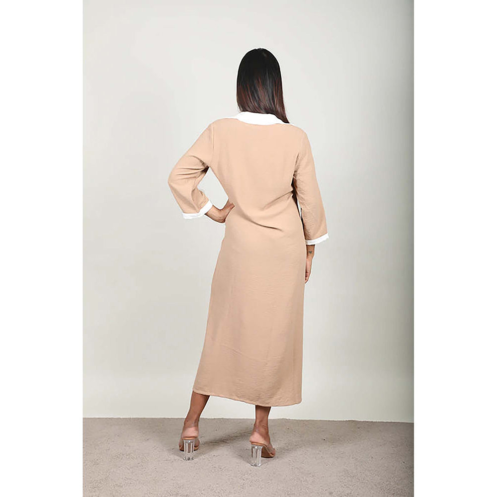 Fawn 24 Beige Crepe Collar Neck Solid/Plain Three Fourth Sleeves Midi Dress
