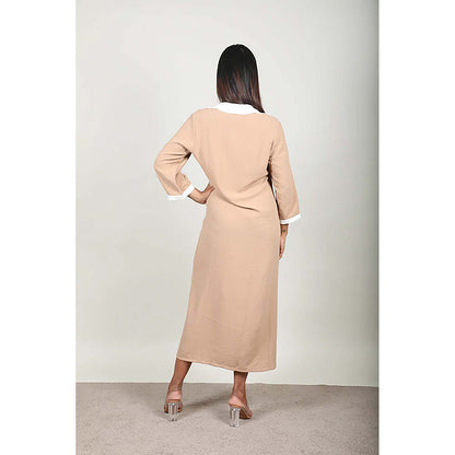 Fawn 24 Beige Crepe Collar Neck Solid/Plain Three Fourth Sleeves Midi Dress