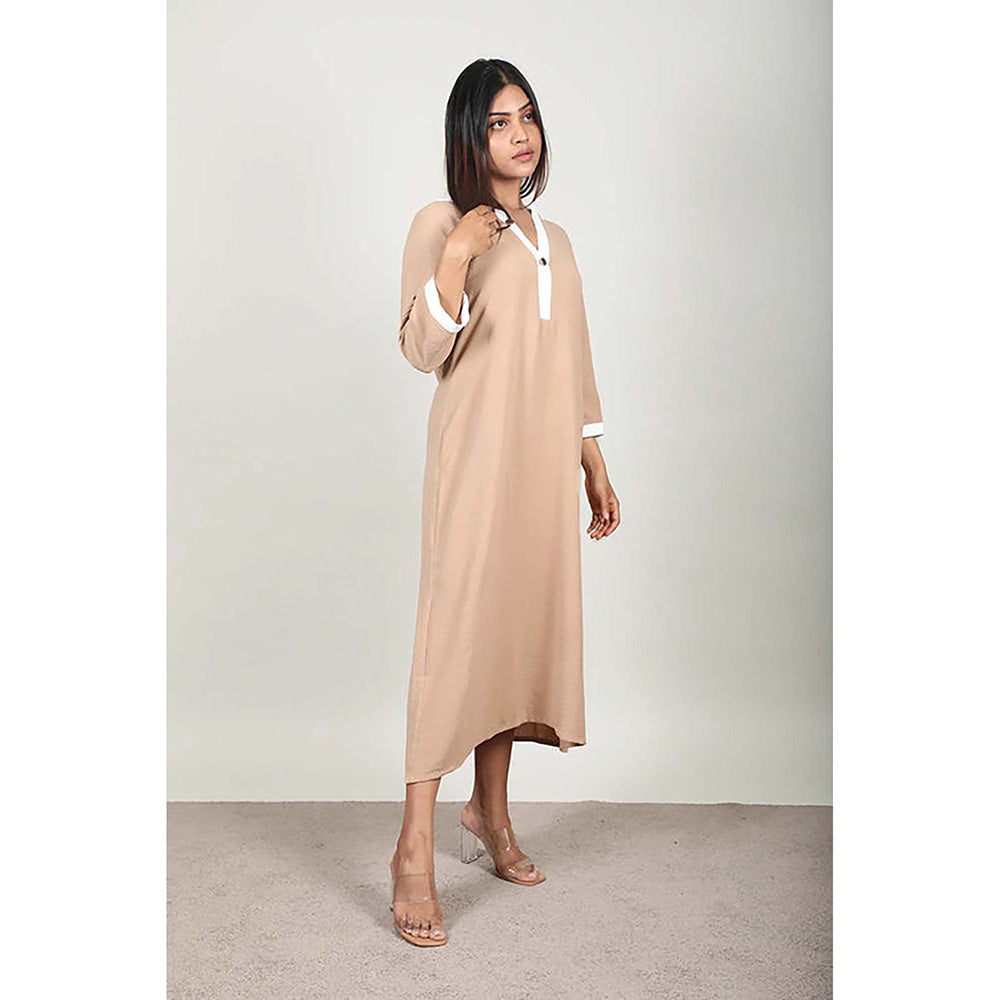 Fawn 24 Beige Crepe Collar Neck Solid/Plain Three Fourth Sleeves Midi Dress