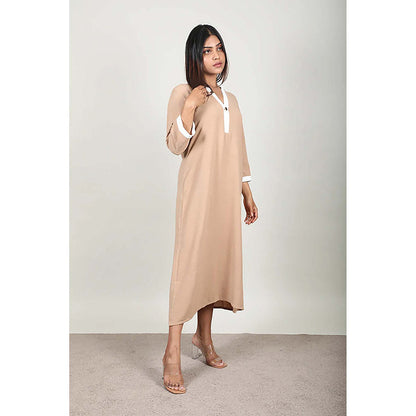 Fawn 24 Beige Crepe Collar Neck Solid/Plain Three Fourth Sleeves Midi Dress