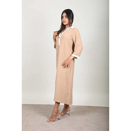 Fawn 24 Beige Crepe Collar Neck Solid/Plain Three Fourth Sleeves Midi Dress