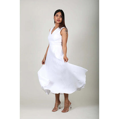 Fawn 24 White Linen V-Neck Solid/Plain Sleeveless Midi Dress