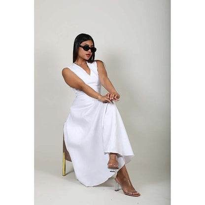 Fawn 24 White Linen V-Neck Solid/Plain Sleeveless Midi Dress