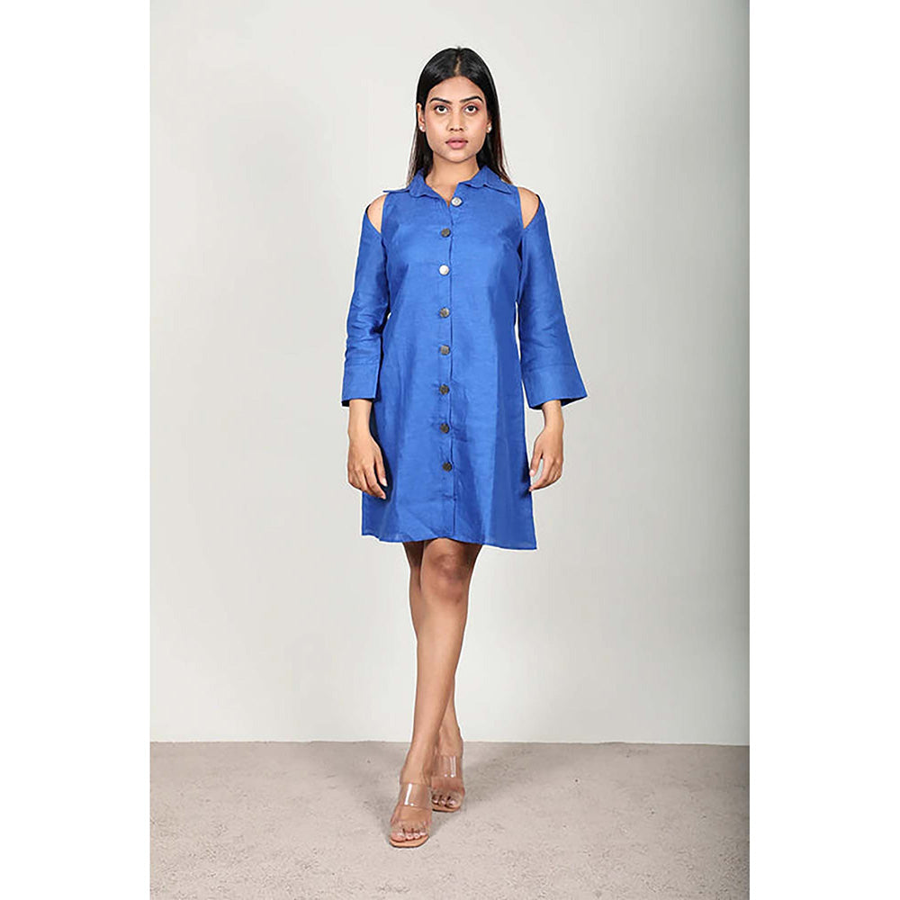 Fawn 24 Blue Linen Collar Neck Solid/Plain Three Fourth Sleeves Mini Dress