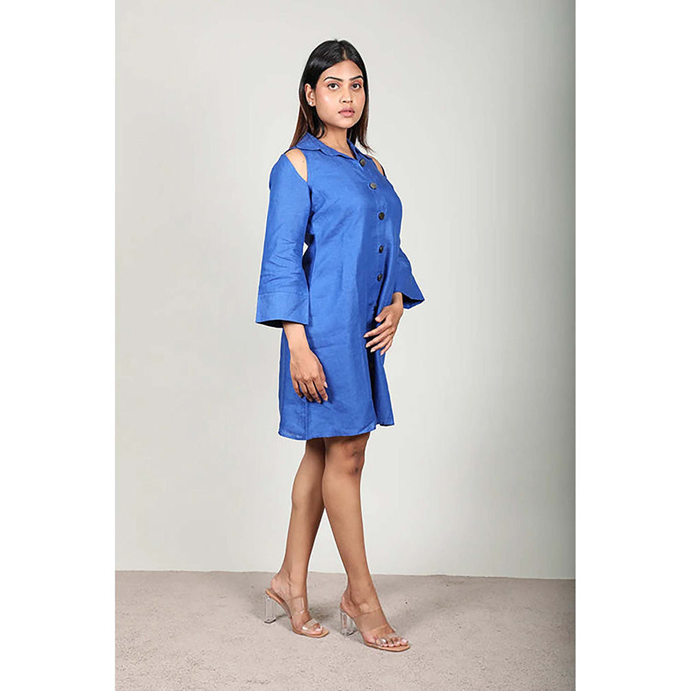 Fawn 24 Blue Linen Collar Neck Solid/Plain Three Fourth Sleeves Mini Dress
