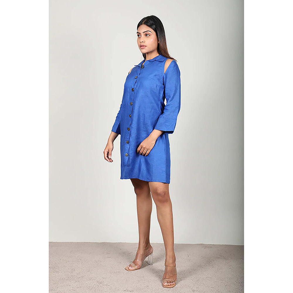 Fawn 24 Blue Linen Collar Neck Solid/Plain Three Fourth Sleeves Mini Dress