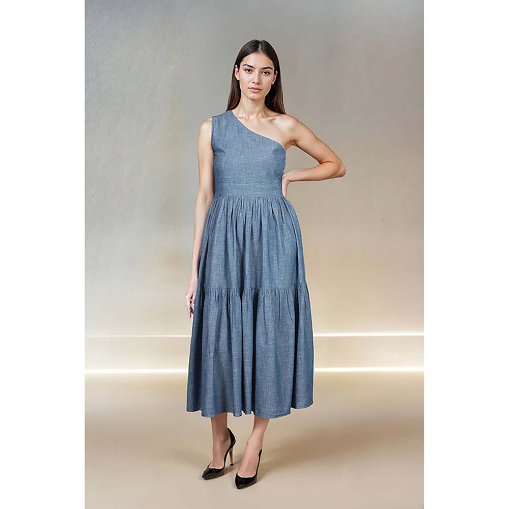 Fawn 24 Blue Denim Asymmetrical Solid/Plain Sleeveless Midi Dress