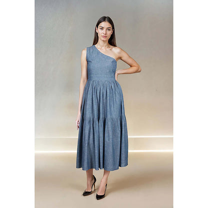 Fawn 24 Blue Denim Asymmetrical Solid/Plain Sleeveless Midi Dress