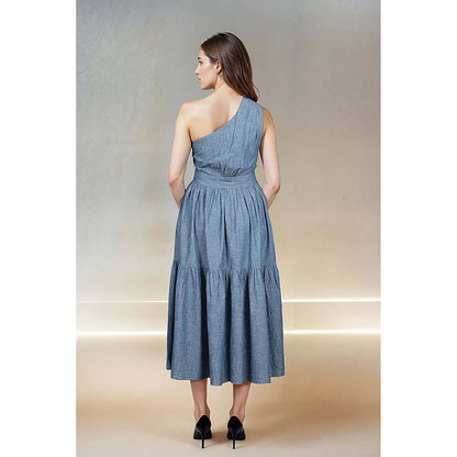 Fawn 24 Blue Denim Asymmetrical Solid/Plain Sleeveless Midi Dress