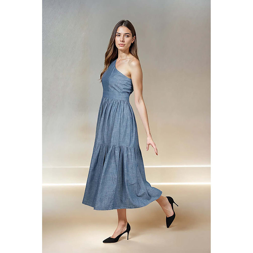 Fawn 24 Blue Denim Asymmetrical Solid/Plain Sleeveless Midi Dress