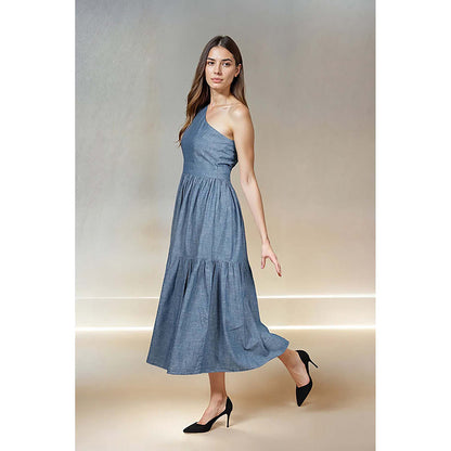 Fawn 24 Blue Denim Asymmetrical Solid/Plain Sleeveless Midi Dress