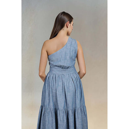 Fawn 24 Blue Denim Asymmetrical Solid/Plain Sleeveless Midi Dress