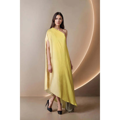 Fawn 24 Yellow Satin Off Shoulder Ombre Sleeveless Maxi Dress