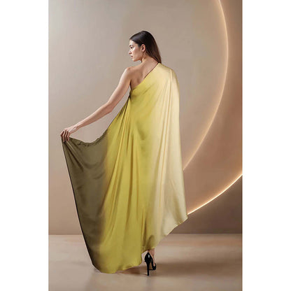 Fawn 24 Yellow Satin Off Shoulder Ombre Sleeveless Maxi Dress