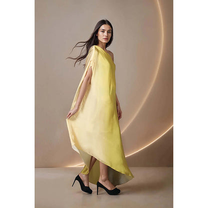 Fawn 24 Yellow Satin Off Shoulder Ombre Sleeveless Maxi Dress