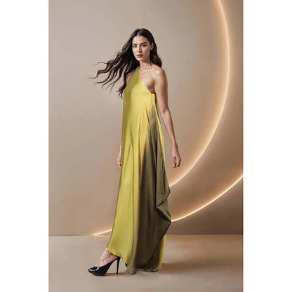 Fawn 24 Yellow Satin Off Shoulder Ombre Sleeveless Maxi Dress