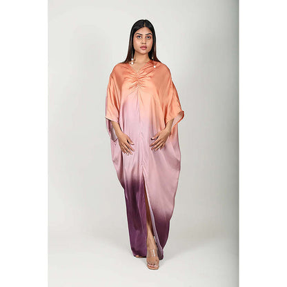 Fawn 24 Multi-Color Satin V-Neck Ombre Three Fourth Sleeves Maxi Dress
