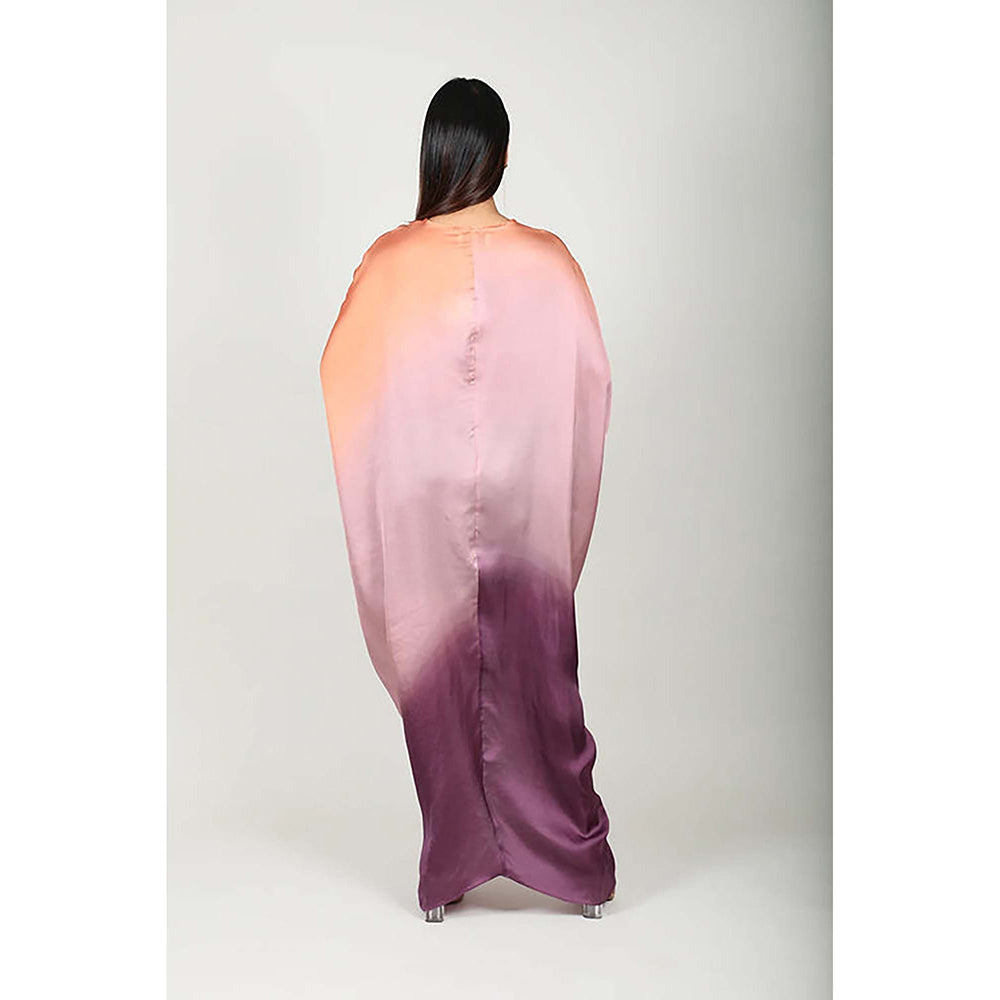 Fawn 24 Multi-Color Satin V-Neck Ombre Three Fourth Sleeves Maxi Dress