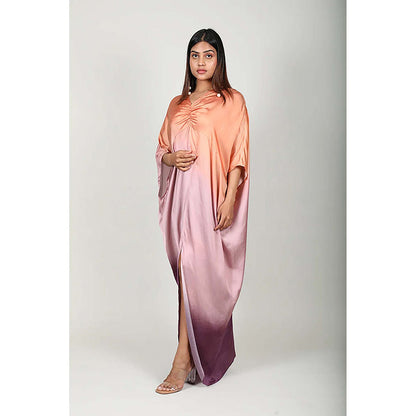 Fawn 24 Multi-Color Satin V-Neck Ombre Three Fourth Sleeves Maxi Dress