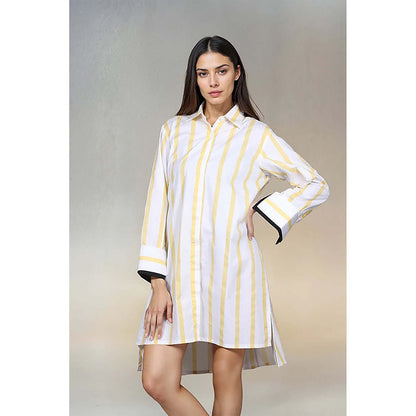 Fawn 24 White Cotton Collar Neck Stripes Full Sleeves Mini Dress