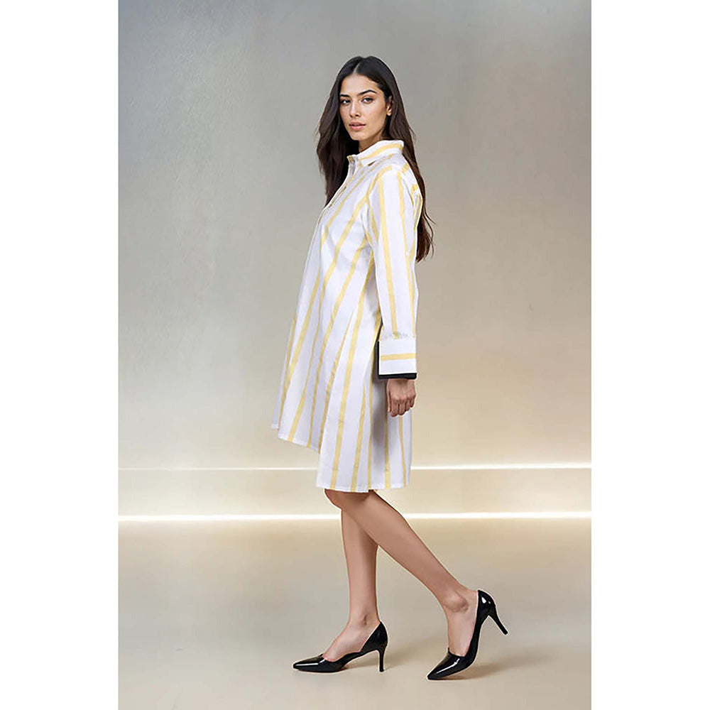 Fawn 24 White Cotton Collar Neck Stripes Full Sleeves Mini Dress