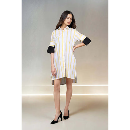 Fawn 24 White Cotton Collar Neck Stripes Full Sleeves Mini Dress