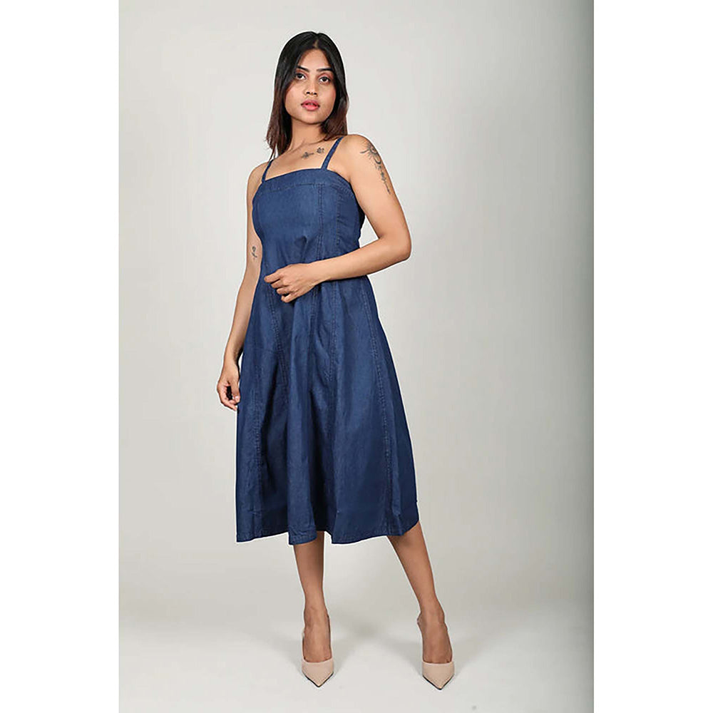 Fawn 24 Navy Blue Cotton Square Neck Solid/Plain Sleeveless Midi Dress