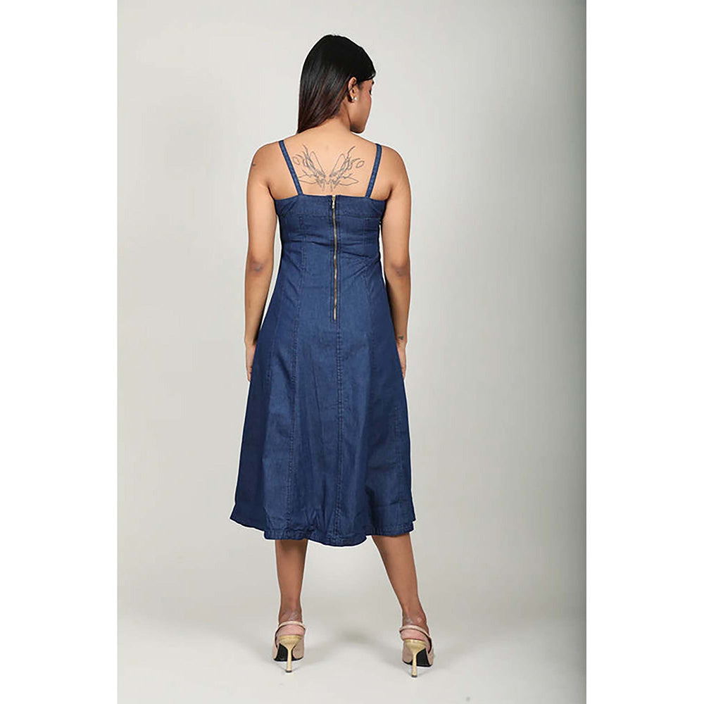Fawn 24 Navy Blue Cotton Square Neck Solid/Plain Sleeveless Midi Dress