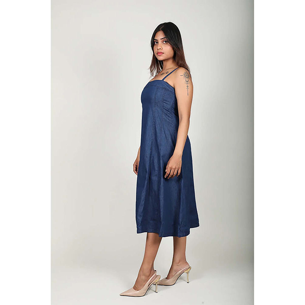Fawn 24 Navy Blue Cotton Square Neck Solid/Plain Sleeveless Midi Dress