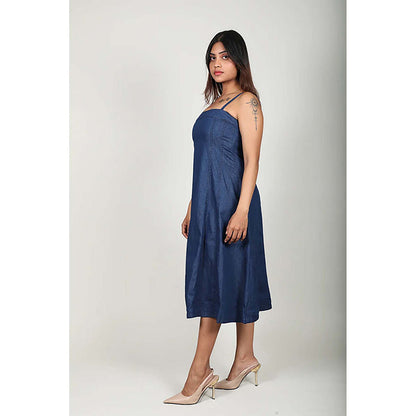 Fawn 24 Navy Blue Cotton Square Neck Solid/Plain Sleeveless Midi Dress