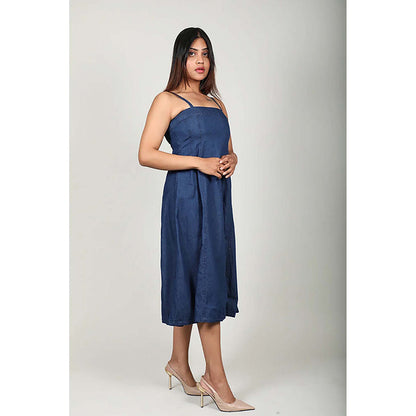 Fawn 24 Navy Blue Cotton Square Neck Solid/Plain Sleeveless Midi Dress