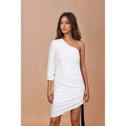 Fawn 24 Olive Polyester Asymmetrical Solid/Plain Sleeveless Mini Dress