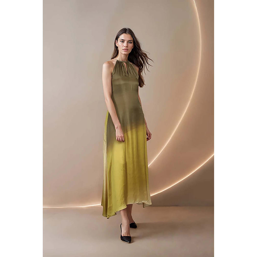 Fawn 24 Olive Satin High Neck Ombre Sleeveless Maxi Dress