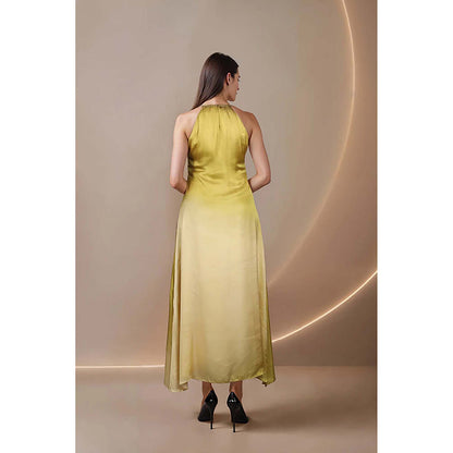 Fawn 24 Olive Satin High Neck Ombre Sleeveless Maxi Dress