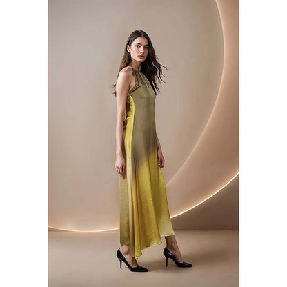 Fawn 24 Olive Satin High Neck Ombre Sleeveless Maxi Dress