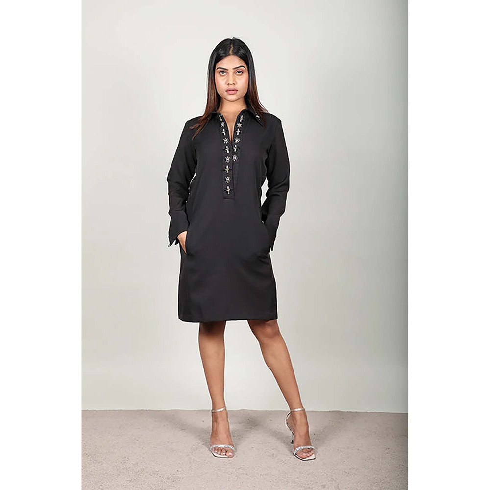 Fawn 24 Black Crepe Collar Neck Embroidered Full Sleeves Knee Length Dress