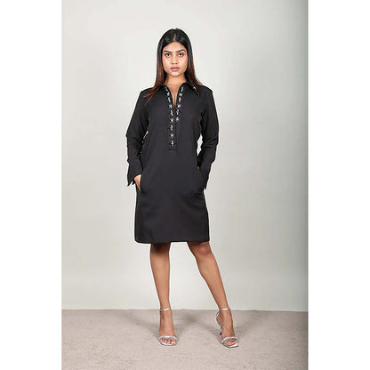 Fawn 24 Black Crepe Collar Neck Embroidered Full Sleeves Knee Length Dress