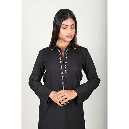 Fawn 24 Black Crepe Collar Neck Embroidered Full Sleeves Knee Length Dress