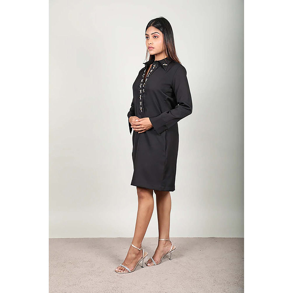 Fawn 24 Black Crepe Collar Neck Embroidered Full Sleeves Knee Length Dress